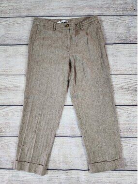 J Jill Cropped Pants Womens Size 6 Linen Cotton Coffee Cuffed Herringbone Brown